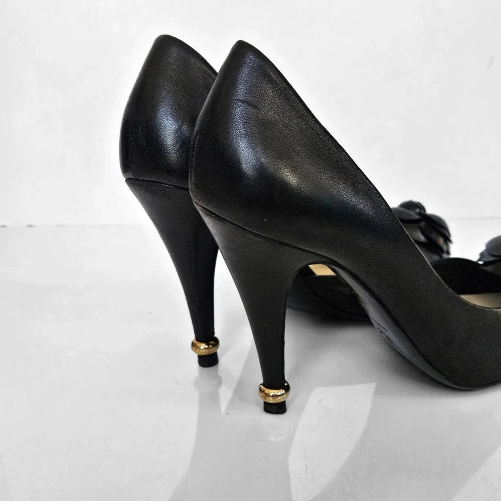 Chanel Black Leather Camellia‎ Half-d'Orsay Pumps 3D Floral Size 37